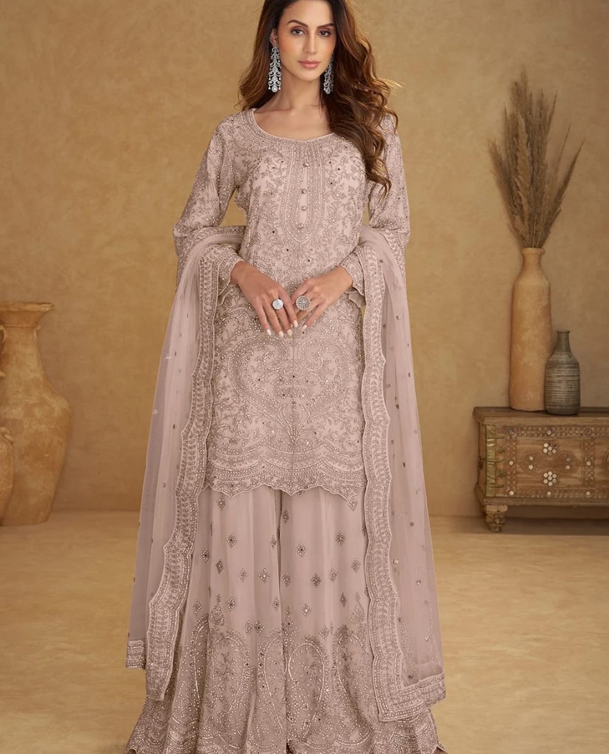 8113-E - Net Dusty Mauve Embroidered Wedding Palazzo Suit